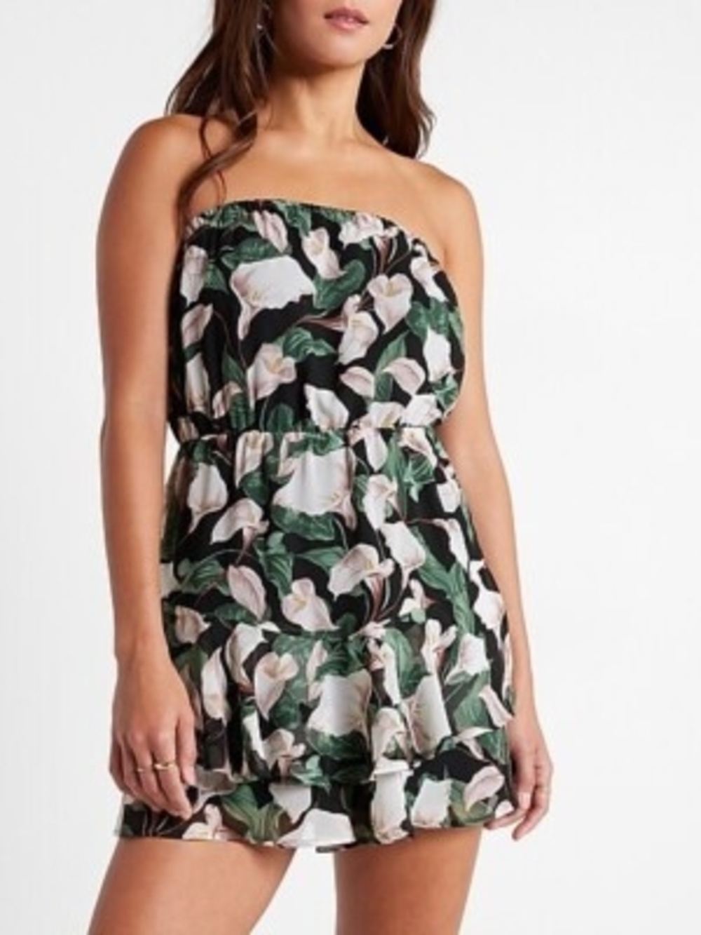 🆕️EXPRESS Black Floral Calla Lily Strapless Romper